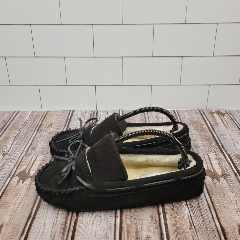 Minnetonka Black Faux Fur Lined Moccasin Slippers Women's Size 8 M